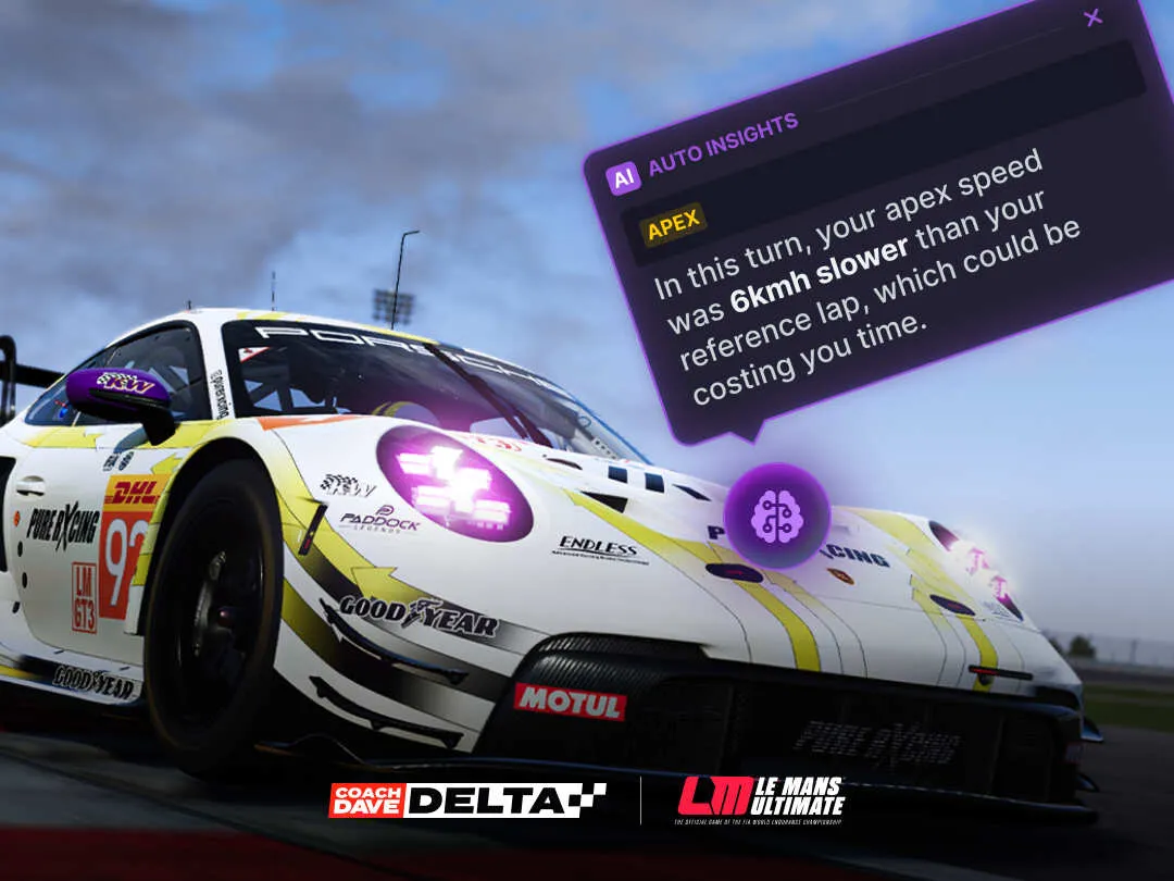 Porsche 911 GT3 R with Delta AI coaching insights overlay